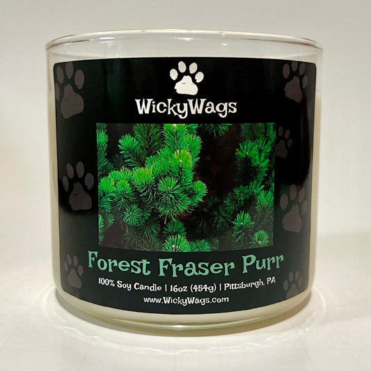White Birch scented holiday candle from WickyWags called Forest Fraser Purr.