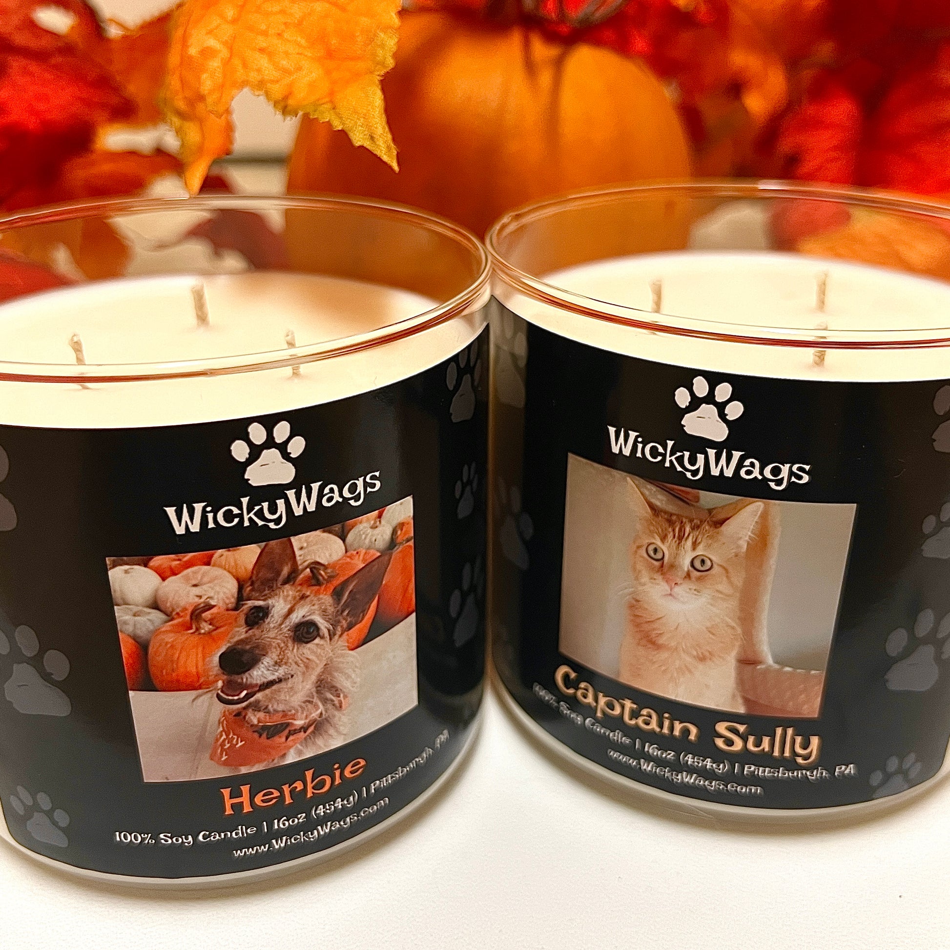 Custom made pet candles created by WickyWags Candles.
