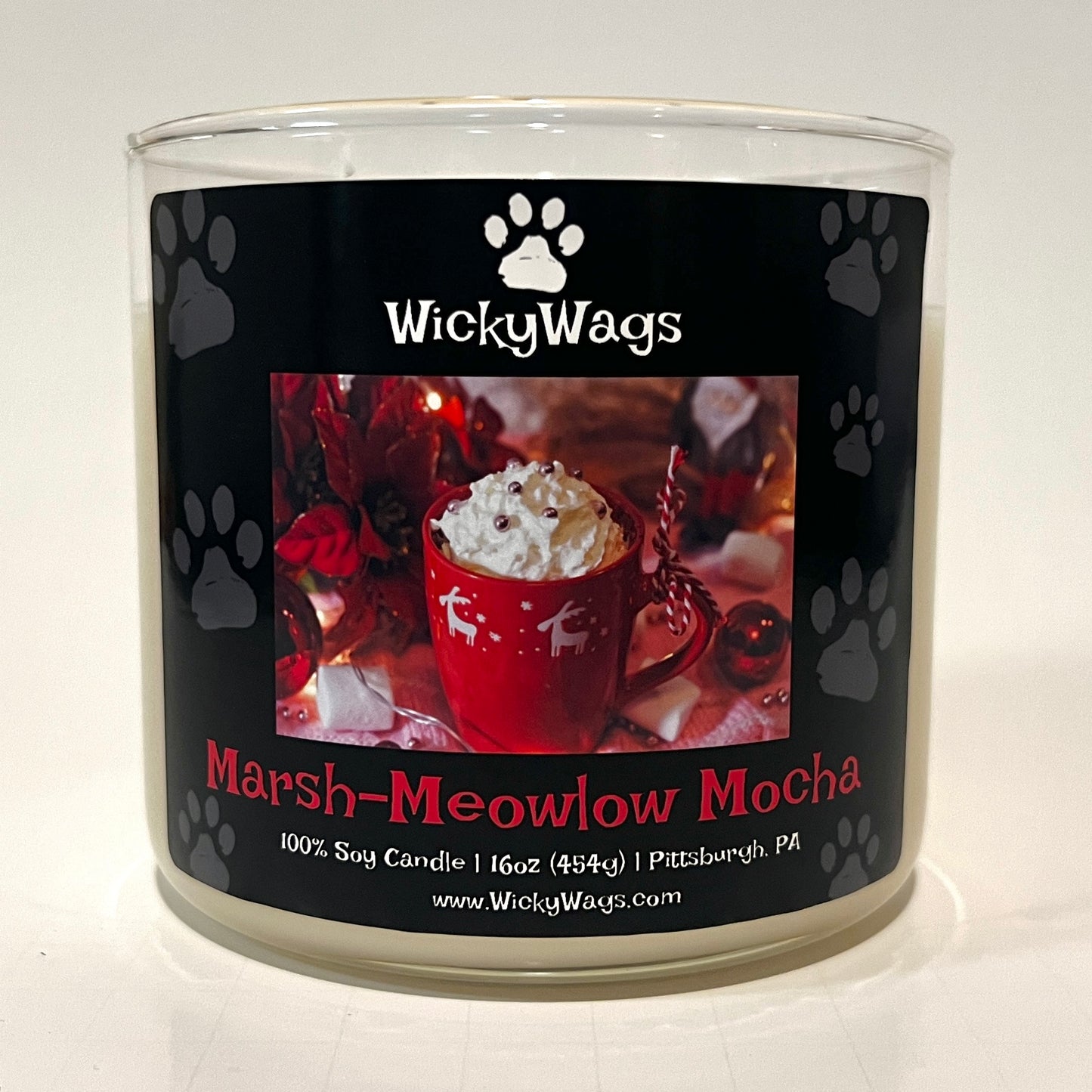 Holiday scented candle called Marsh-Meowlow Mocha.