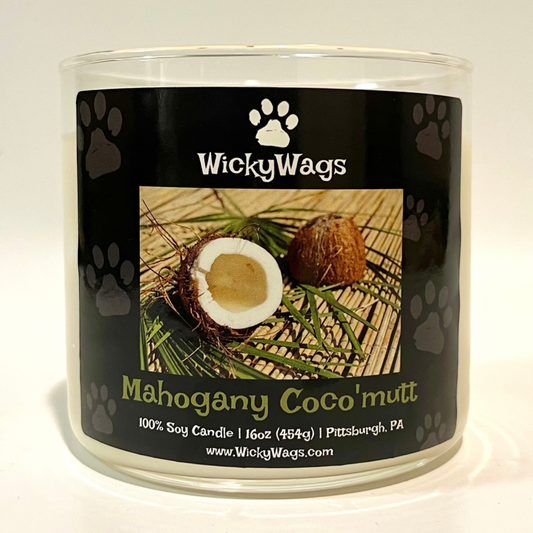 Summer pet candle called Mahogany Coco-Mutt that smells like mahogany coconut.