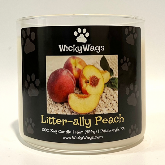Peach scented, pet themed candle called Litterally Peach by WickyWags.