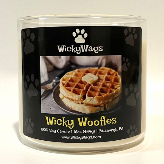 Maple butter waffles scented 3-wick candle with a pet theme. It’s called Wicky Woofles.