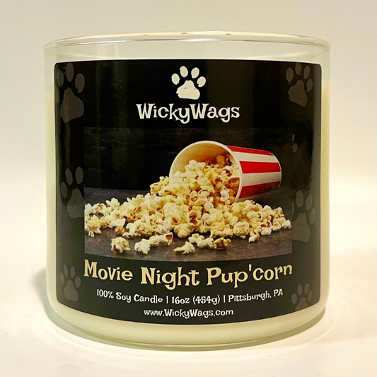 Popcorn scented candle with a pet theme called Movie Night Pup’corn.