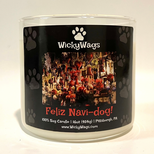 Holiday scented, pet friendly candle called Feliz Navi Dog.