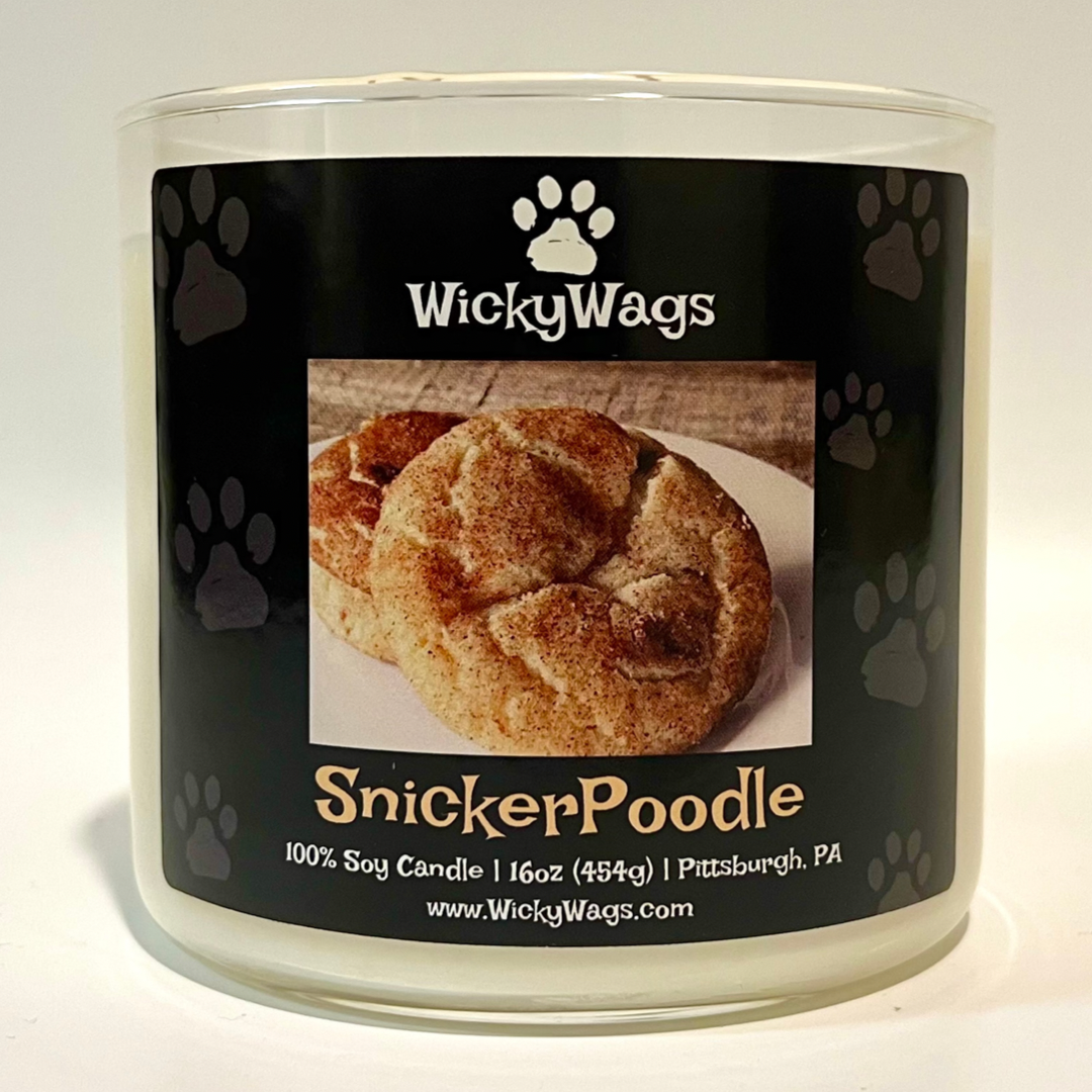 Pet themed snickerdoodle scented candle from WickyWags called Snickerpoodle.