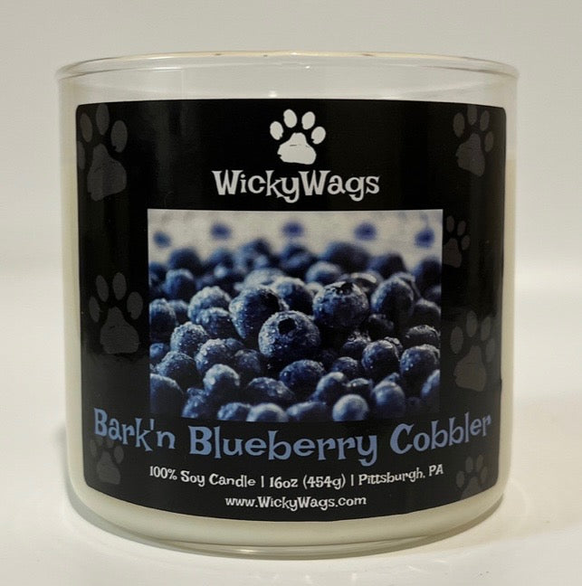 Blueberry cobbler scented candle that is pet friendly.