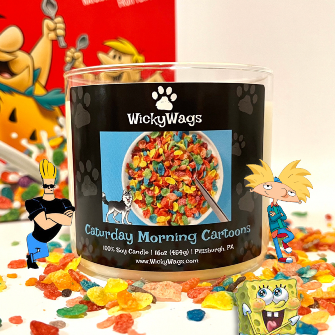 Cartoon characters next to a fruity pebbles scented 3 wick candle.